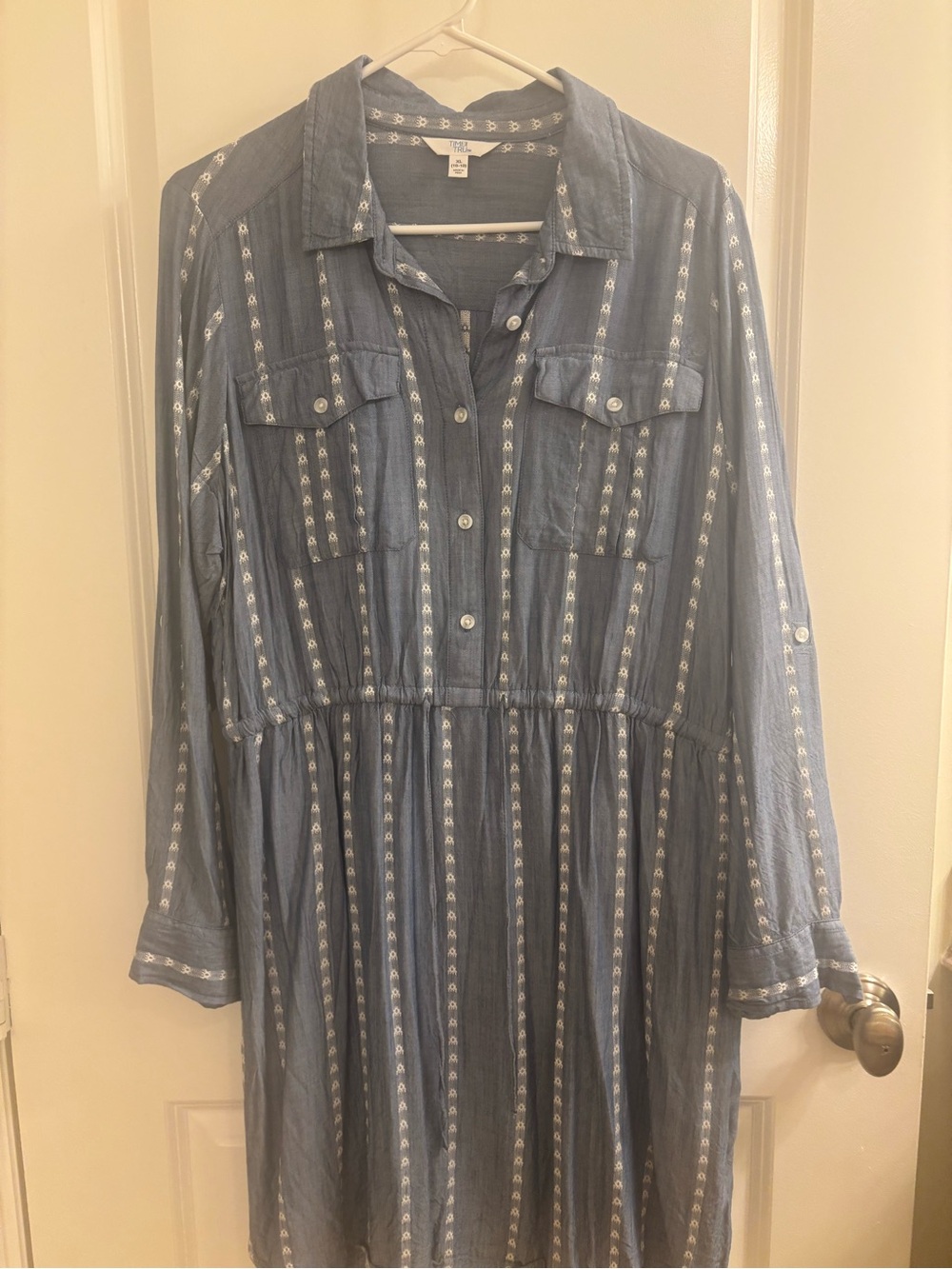 Time and Tru Blue Chambray Midi Dress with White Stripe Embroidery